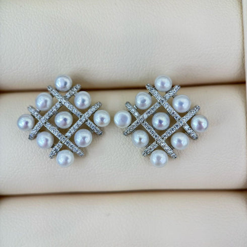 Radiant Grid Pearl Stud Earrings - Sterling Silver